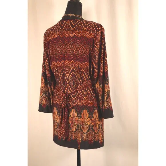 Dressbarn by women's Open Front Red & Gold Printed with Tie‎ Belt Size Medium - Picture 4 of 16